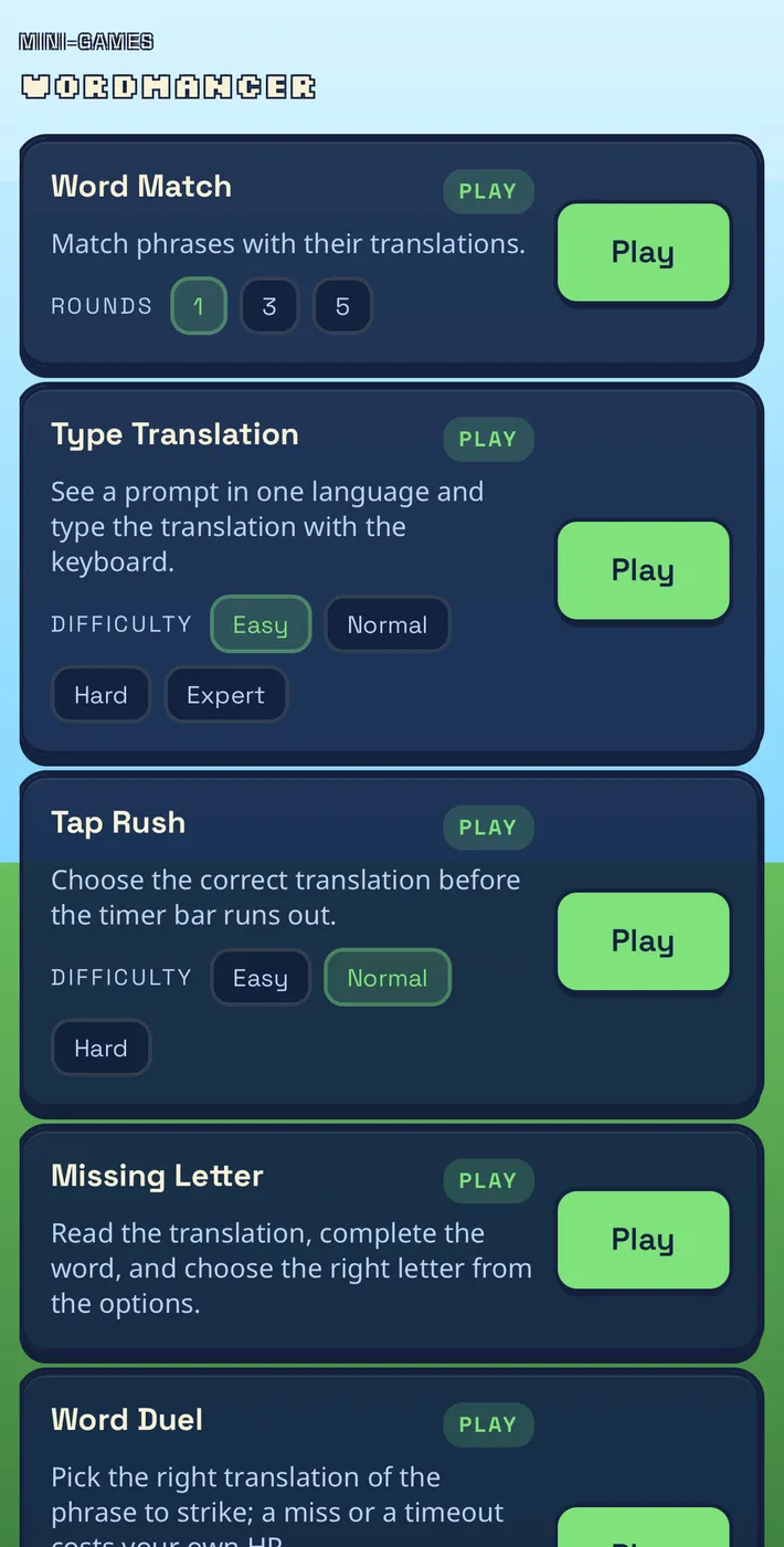 Wordmancer mini-games menu